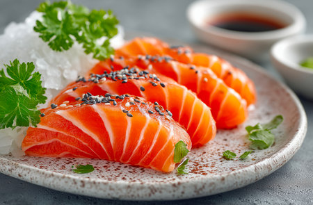 Salmon sashimi with rice and sauce on a gray backgroundの素材
