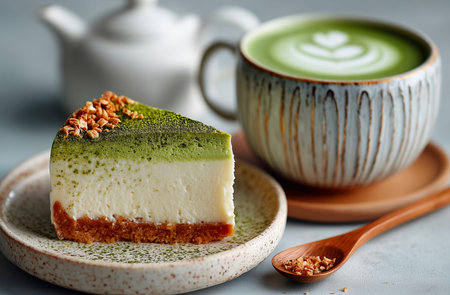 Green tea matcha latte and cheesecake on wooden background.の素材