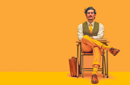 Portrait of a hipster man sitting on a chair. Yellow background.の素材