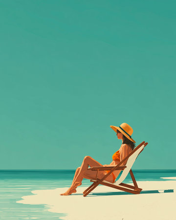 Young woman in orange bikini and straw hat sittingchair on tropical beach with turquoise sea and blue sky.の素材