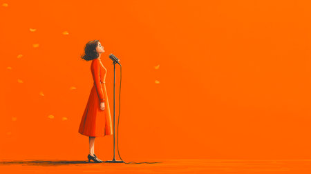 Beautiful girl in a red coat sings into a microphone on an orange background.の素材