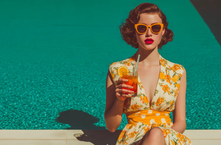 Beautiful young woman in yellow dress and sunglasses with a glass of cocktail sitting on the edge of swimming poolの素材
