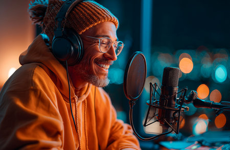 Portrait of a senior man with headphones and microphone in the recording studio.の素材