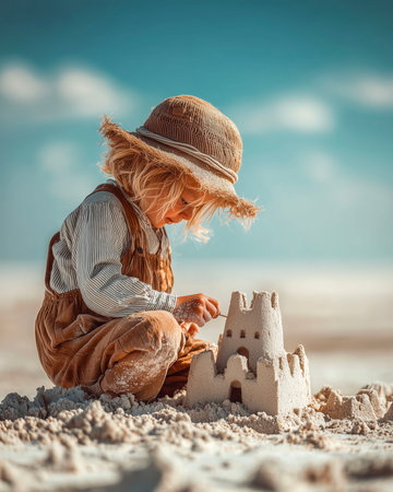 Little boy playing with sand castle on the beach. Summer vacation conceptの素材