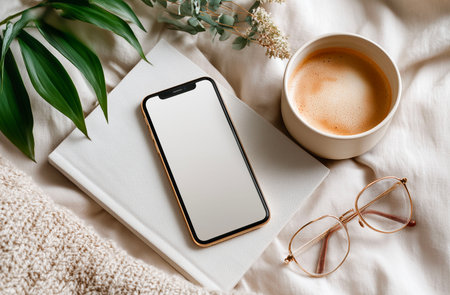 Smartphone mockup with blank screen, coffee cup, book and eyeglasses on white bed.の素材