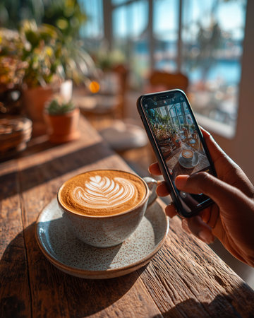 A cup of coffee and a smartphone in a cafe on the tableの素材