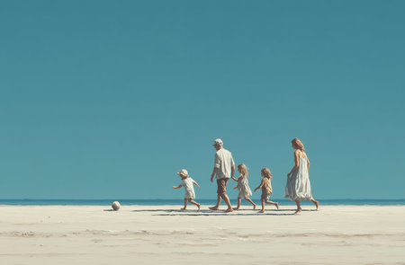 Family on the beach. Retro toned image with shallow depth of fieldの素材