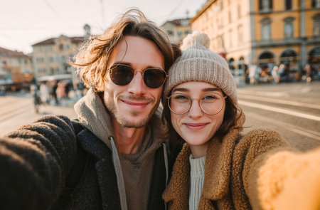 happy young couple in sunglasses taking selfie with smartphone on city street in winterの素材