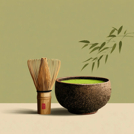 Japanese matcha green tea ceremony. 3D illustration. Copy space.の素材