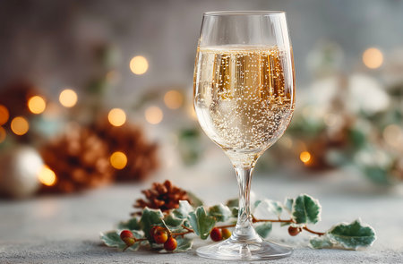 Champagne in glass on bokeh lights background. New Year and Christmas celebrationの素材