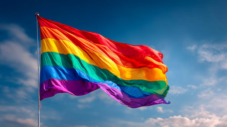 Rainbow flag waving in the wind on a background of blue skyの素材