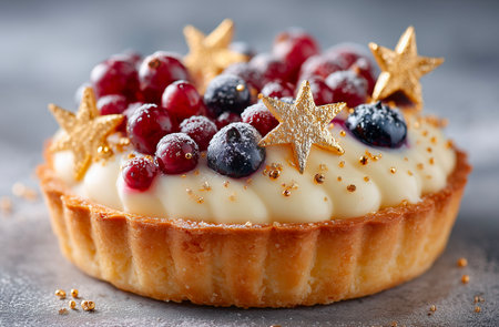 Christmas Cheesecake with Berries and Golden Stars on Gray Backgroundの素材