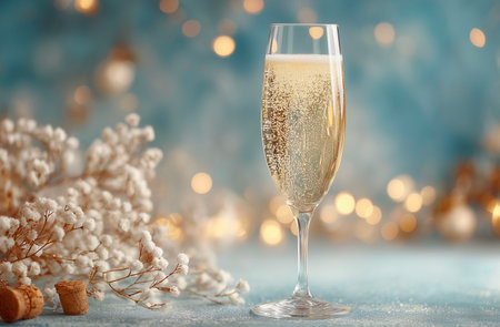 Champagne glass on bokeh background. New Year and Christmas conceptの素材