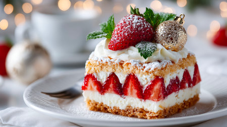 Strawberry cake on a white plate with christmas decorations.の素材