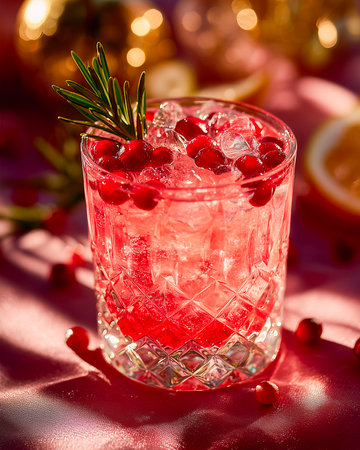 Cocktail with cranberries and rosemary on a red backgroundの素材