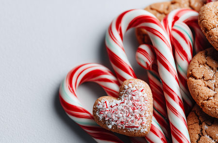 Christmas candy canes and cookies in the shape of a heart on a white backgroundの素材