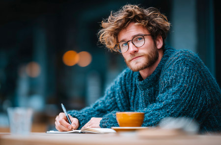 Portrait of a handsome young man in a blue sweater sitting at a table in a cafe and writing in a notebook.の素材