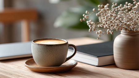 Cup of coffee on wooden table with book and flower in vaseの素材