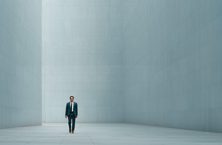Businessman in suit standing in empty room with grey wall on backgroundの素材