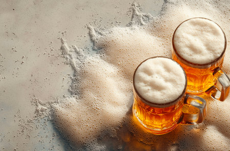 Two mugs of beer with foam on light background, top viewの素材