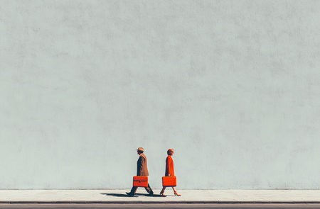 Back view of two young women in red coats walking on the streetの素材