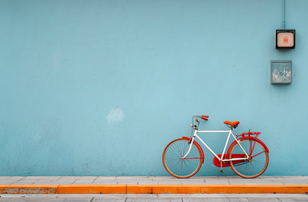Red bicycle in front of blue wall, vintage color tone, stock photoの素材