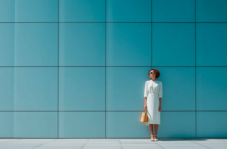 stylish african american woman in sunglasses and white dress standing near turquoise wallの素材