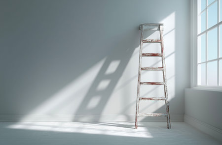 Ladder in empty room with window and sunlight, 3D renderingの素材