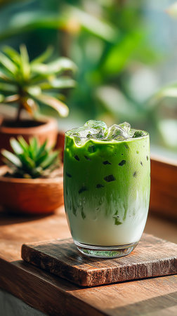 Iced matcha green tea latte in glass with ice cubesの素材