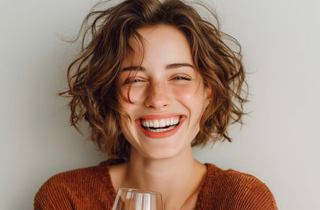 Close-up portrait of a smiling young woman with a glass of wineの素材