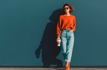 stylish young woman in sunglasses and orange sweater standing near blue wallの素材