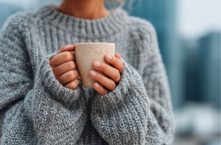 Close-up of a woman in a gray sweater holding a cup of coffeeの素材