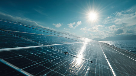 Solar panels on the water surface with blue sky and sun background.の素材