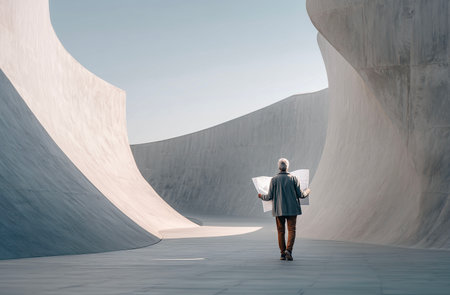 Rear view of businesswoman with papers in hand standing in empty concrete roomの素材