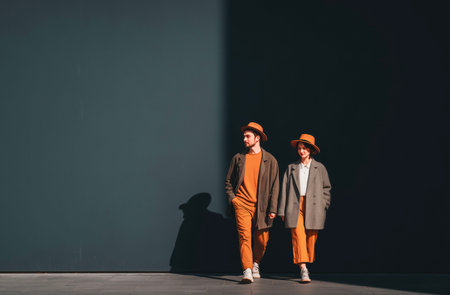 stylish young man and woman in orange clothes and hat posing on greyの素材