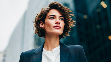 Portrait of a young business woman on the background of skyscrapersの素材
