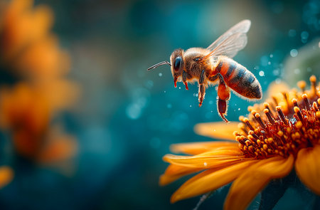 Honey bee collecting nectar on orange flower. Macro shot.の素材