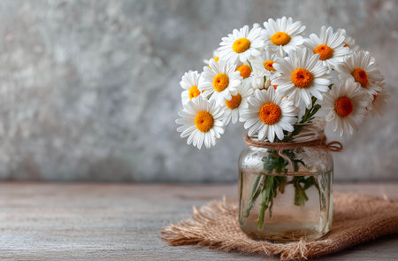 Bouquet of daisies in a glass jar on a wooden background.の素材