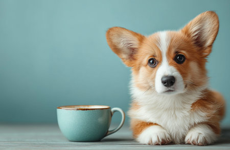 Cute Welsh corgi dog with cup of coffee on color backgroundの素材