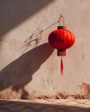 Red Chinese lanterns on the wall of a building with shadow.の写真素材