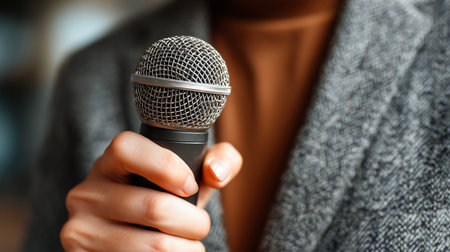 Female hand holding a microphone on blurred background, close-up.の写真素材