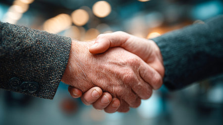 Close-up of senior man and woman shaking hands in office.の写真素材