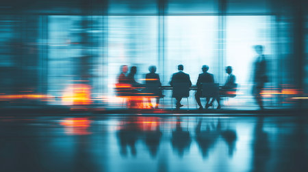 Silhouettes of business people walking in the lobby of a modern office buildingの写真素材