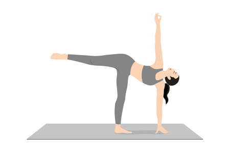 Half Moon Pose. Beautiful girl practice Ardha Chandrasana. Young attractive woman practicing yoga exercise. working out, black wearing sportswear, grey pants and top, indoor full length, calmness and relax.のイラスト素材