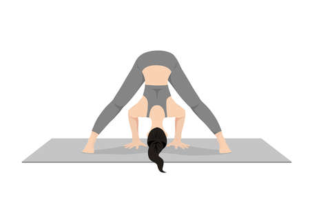 Intense Leg Stretch Pose. Feet Spread Intense Stretch Pose, Wide-Legged Forward Bend Pose. Beautiful girl practice Prasarita Padottanasana. Young attractive woman practicing yoga exercise. working out, black wearing sportswear, grey pants and top, indoor full length, calmness and relax.のイラスト素材