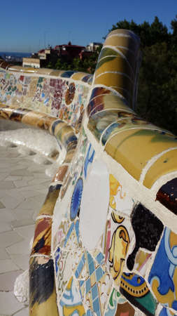 The longest bench with mosaics in the Park Guell in Barcelona, ????Spain