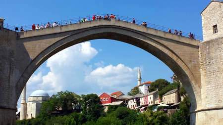 Mostar, Bosnia and Herzegovina - July 25, 2017: Peoples on the reconstructed Old Bridge of Mostar on the river Neretva, Bosnia and Herzegovinaのeditorial素材