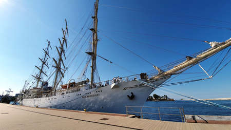 Gdynia, Poland - July 14, 2020: Polish sailing ship SV Dar Mlodziezy at the waterfront in Gdynia,...