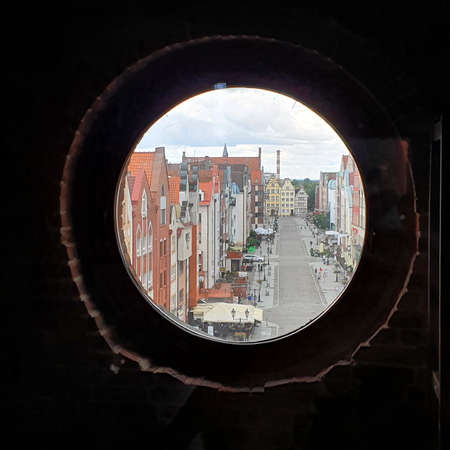Elblag, Poland - July 21, 2020: The old town of Elblag seen from the window of the Market Gate tower