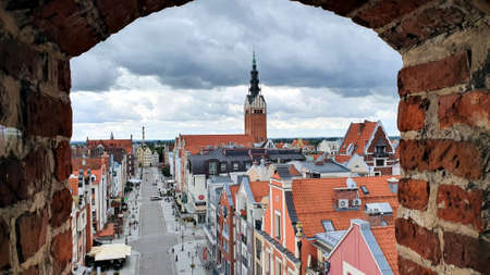 Elblag, Poland - July 21, 2020: The old town of Elblag seen from the window of the Market Gate tower